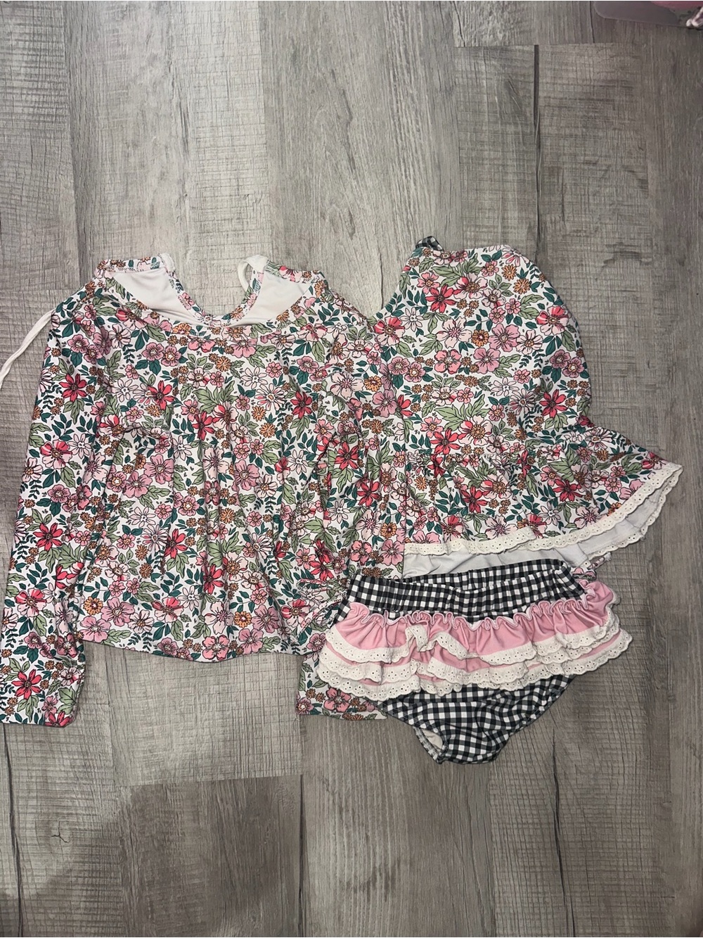 Love and grow Floral Pink Green Girls swim Set with Ruffle bottoms size 6